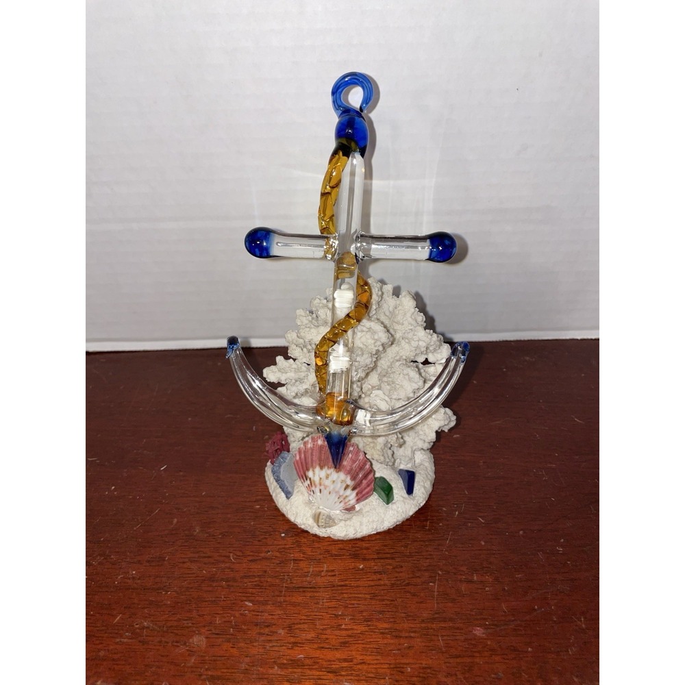 Art Glass Anchor Sculpture With Coral Base Nautical Handmade Blown Glass